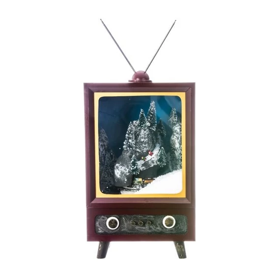 Világító, havazó, zenélő TV, elektromos, fa, mahagóni, 26x28x42 cm
