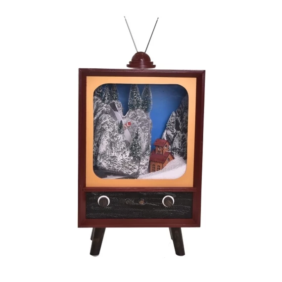 Világító, havazó, zenélő TV, elektromos, fa, mahagóni, 37x21x59 cm