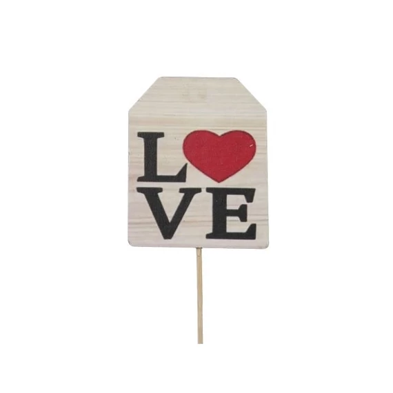 Tábla, „LOVE” felirattal, betűzős, fa, piros-natúr, 6,5x8 cm, 8 db