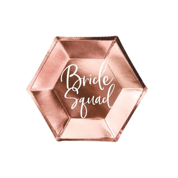 Papírtányér felirattal "Bride Squad", 23 cm, rosegold, 6 db