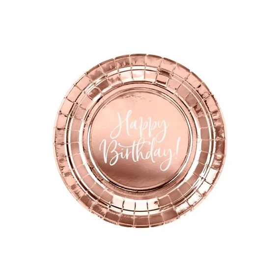 Feliratos tányér, "Happy birthday", papír, 18 cm, rosegold, 6 db