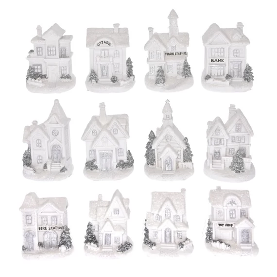 Téli házikó LED-es, elemes, poly, 7x6x10 cm, fehér, ezüst, 12 féle