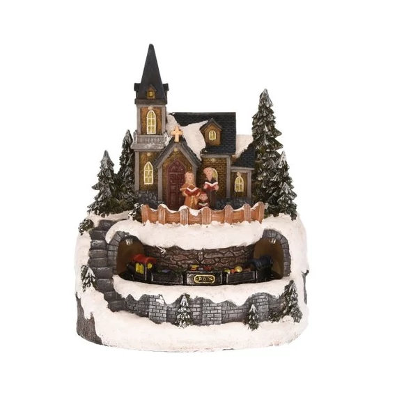 Templom kisvonattal, LED-fénnyel, elemes, poly, 18,5x18x22,5 cm, színes