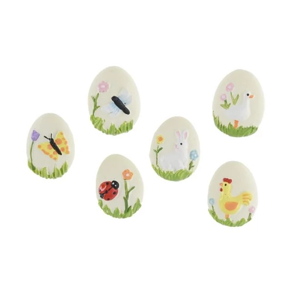 Díszített tojás, öntapadós, poly, színes, 2,9 x 2,1 x 0,7 cm, 12 db