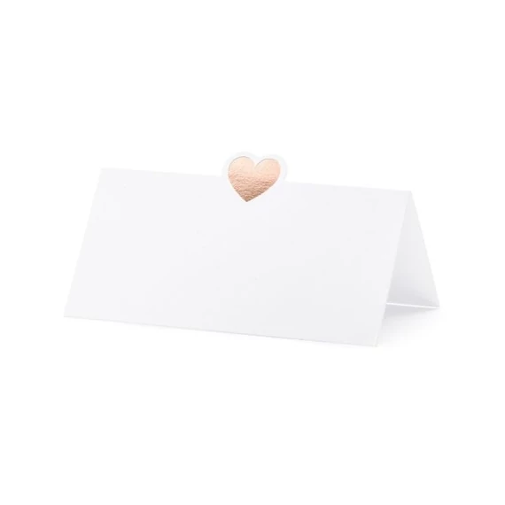 Ültetőkártya szívvel 10x5 cm fehér,rosegold 10 db