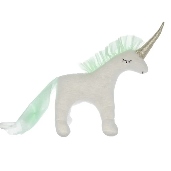 Álló unikornis, textil, fehér és menta, 19 cm