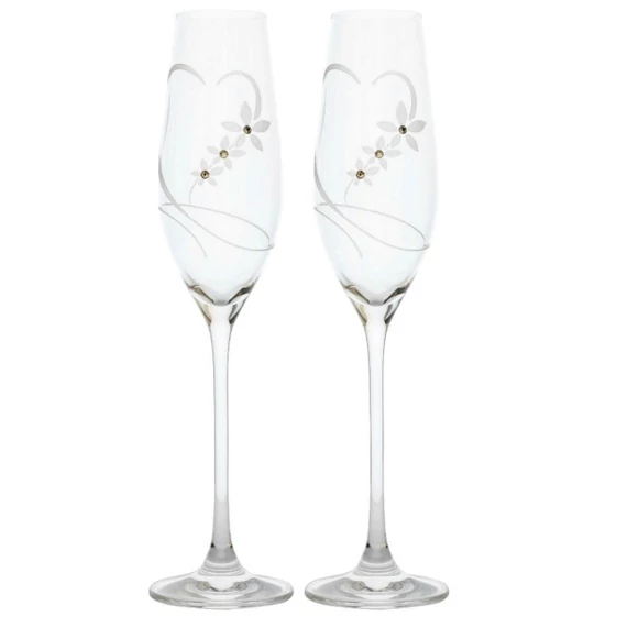 Üveg pohár, swarovski dísszel, pezsgő, esküvő, 210 ml, átlátszó, 2 db