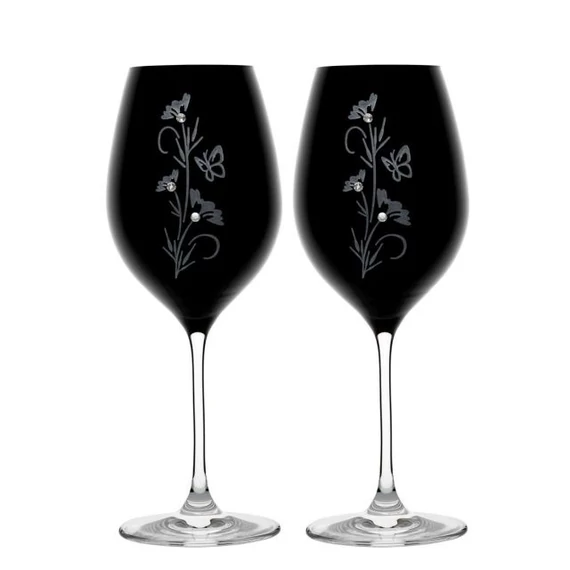 Üveg pohár virág mintával, swarovski dísszel bor 470ml fekete 2 db