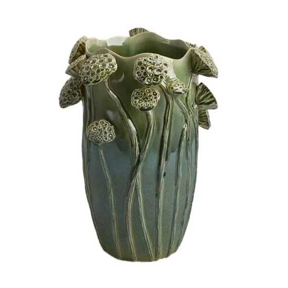 Váza kerámia 3D lótusz mintával türkizkék, zöld 32×31,5×43 cm