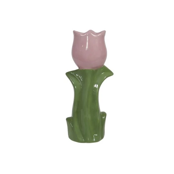 Kerámia váza tulipán forma rózsaszín, zöld 20,5 cm