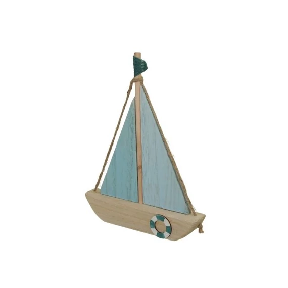Fa vitorlás hajó mentőövvel, 28 cm, világoskék, natúr