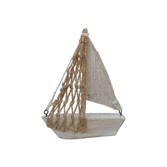 Fa vitorláshajó zsinórral fehér, natúr 11,5×3×14 cm