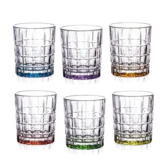 Whisky tumbler pohár szett Diplomat üveg átlátszó, színes talppal 9 cm 6 db