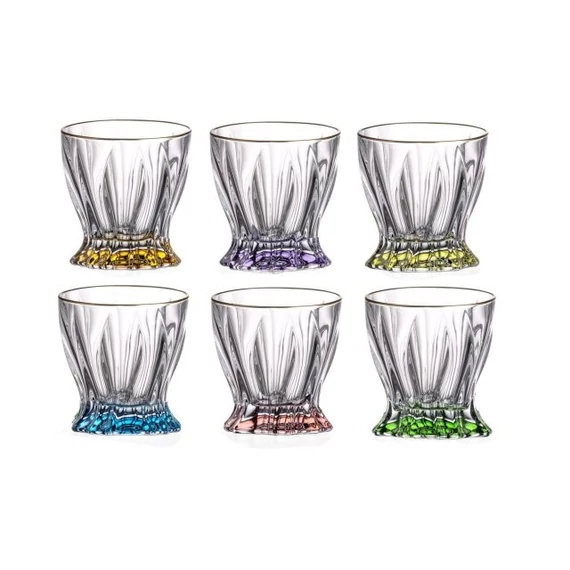 Whisky tumbler pohár szett PLANTICA színezett talppal, arany szegéllyel átlátszó, színes üveg 9,5 cm (6 db)
