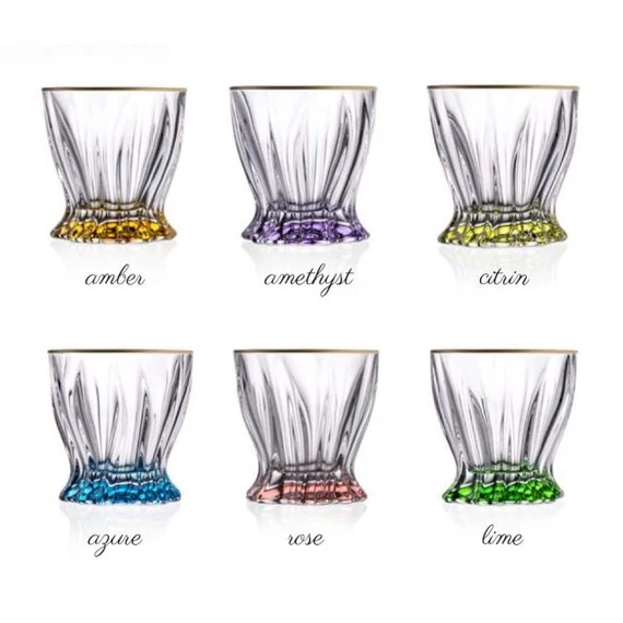 Whisky tumbler pohár szett PLANTICA üveg átlátszó, színes talppal, arany szegéllyel 9,5 cm 6 db