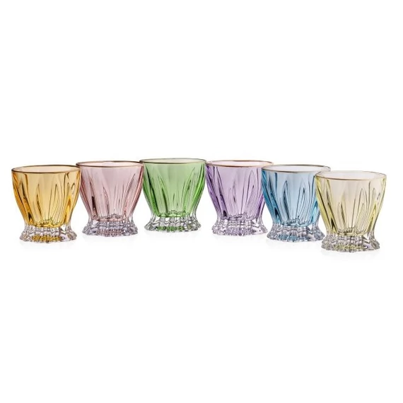 Whisky tumbler pohár szett PLANTICA üveg színes, színezett talppal, arany szegéllyel 9,5 cm 6 db