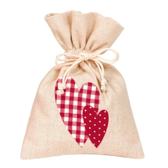 Szív mintás zsák, textil, natúr, 20x15 cm