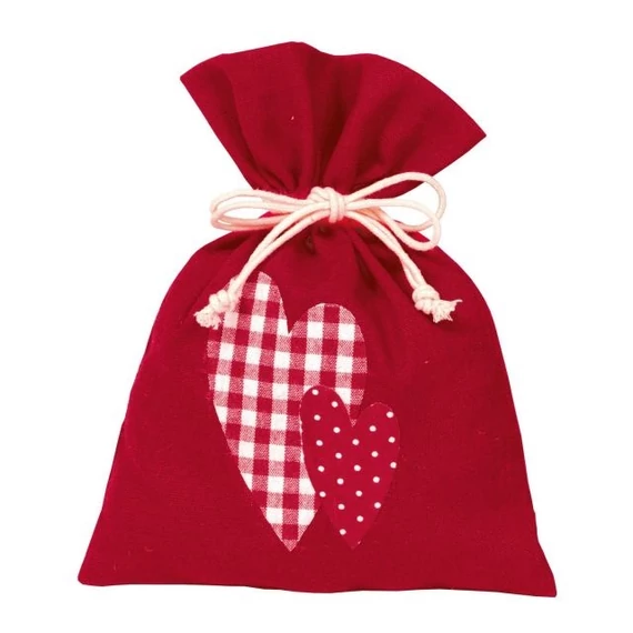 Szív mintás zsák, textil, piros, 20x15 cm