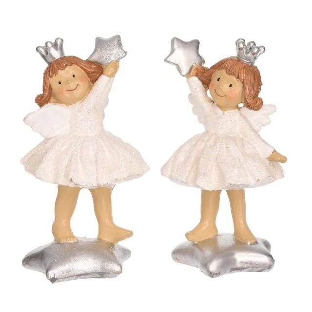 Gyerek lány csillaggal álló, poly, 7,5x6x13 cm, fehér, ezüst, 2 féle SSS