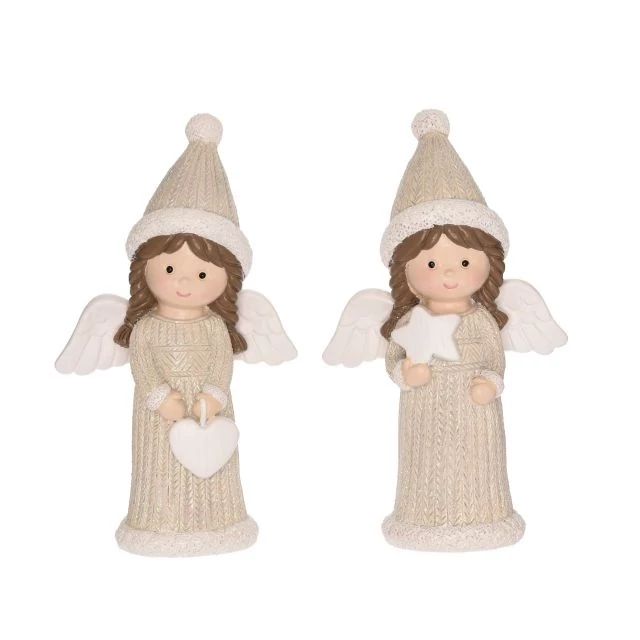 Angyal csillaggal és szívvel, poly, krém, 3,5x2x6 cm, 2 féle
