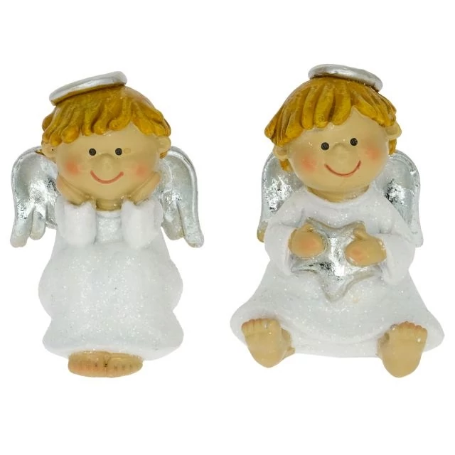 Glitteres ülő angyal fiú csillaggal poly fehér-ezüst 4,5x4x5,5 cm 2 féle