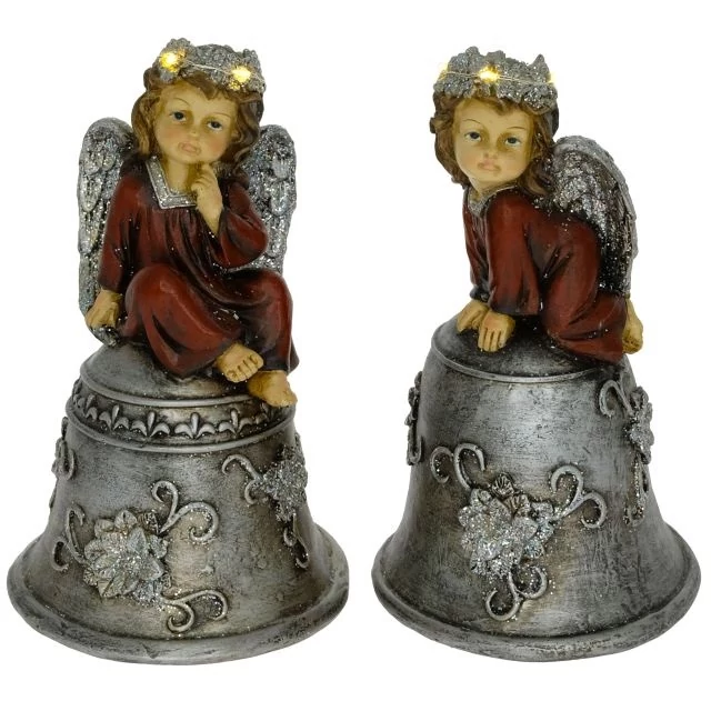 Ülő angyal harangon LED-es glitteres poly bordó-ezüst 12x12x20 cm 2 féle