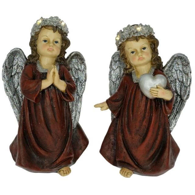 Álló imádkozó angyal szívvel LED-es glitteres poly bordó-ezüst 16x13x27 cm 2 féle