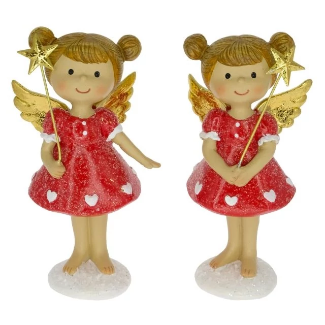 Álló angyal pálcával glitteres poly piros-arany 6,5x5x13 cm 2 féle