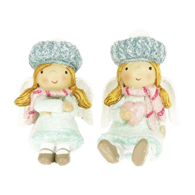 Poly angyal sapkában, szívvel ülő glitteres 4,2x4x6,5 cm menta, halvány rózsaszín (2 féle)