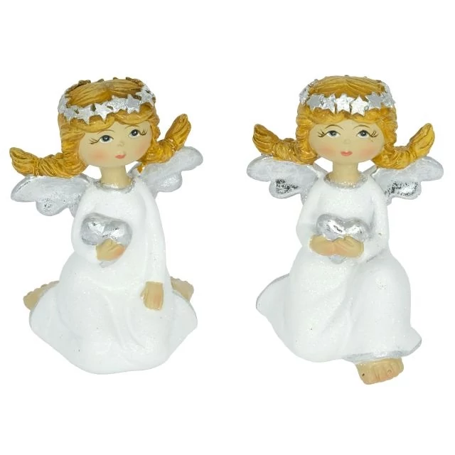 Ülő angyal szívvel glitteres poly fehér-ezüst 5,5x5,5x8 cm 2 féle