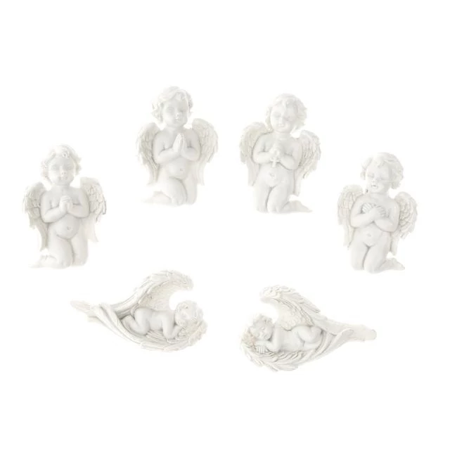 Térdelő és fekvő angyal, ragasztható, poly, 4,5x1,8x6,8 cm, fehér, 6 féle