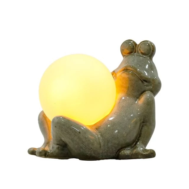Fekvő béka, LED-es gömbbel, porcelán, zöld, fehér, 13,5x10x11,5 cm