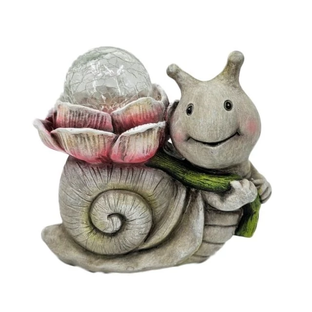 Csiga virággal, LED-es gömbbel, poly, bézs, rózsaszín, 21,5x13,5x19,5 cm