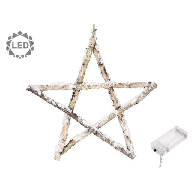LED-es akasztós fa csillag, havas, 40 cm, natúr