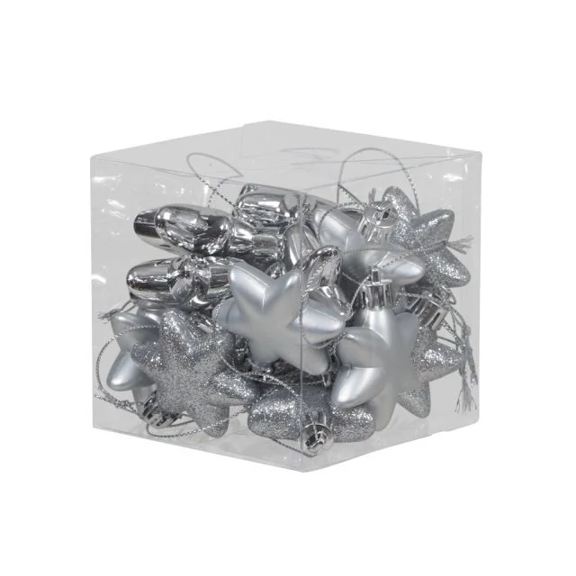 Műanyag csillag, fényes-matt-glitteres, 5 cm, ezüst, 18 db