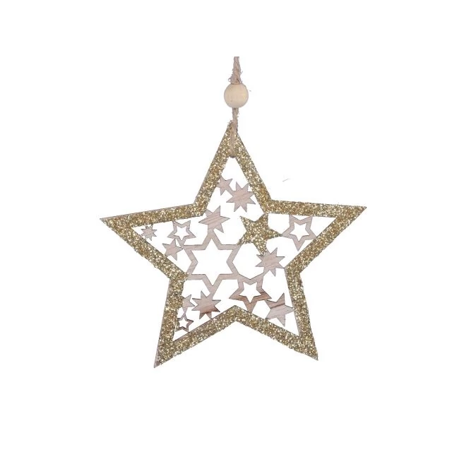 Glitteres akasztós csillag arany, fa, 9,5 cm
