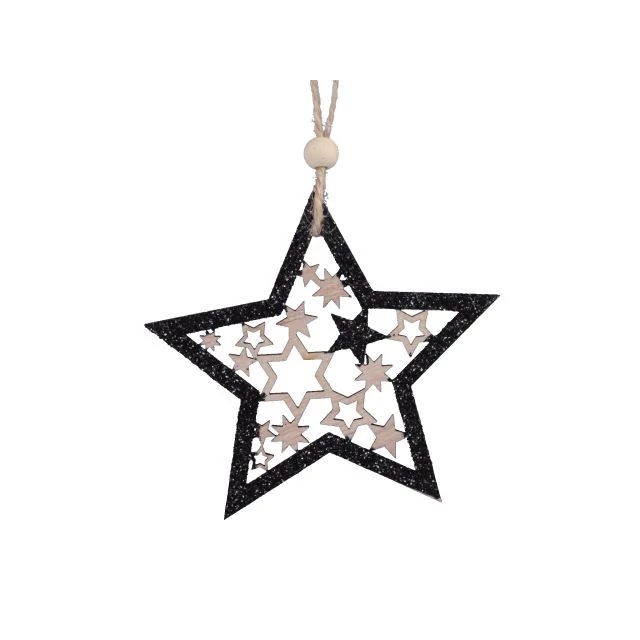 Csillag glitteres akasztós fa 9,5 cm fekete 6 db SSS