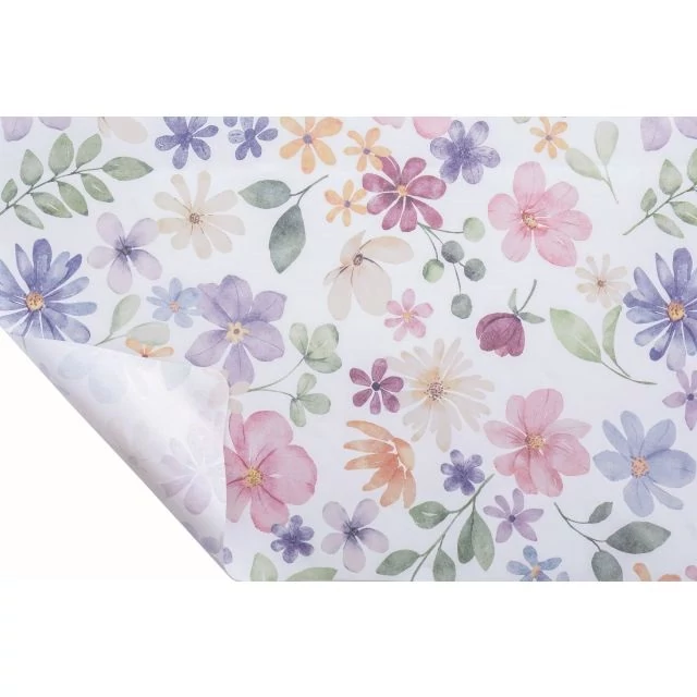 Csomagolópapír, virág mintás, vízálló, fehér-lila, 0,8 m x 20 m