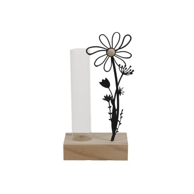 Dekoráció kémcsővel, virággal fém-fa fekete, natúr 8×5,5×16 cm