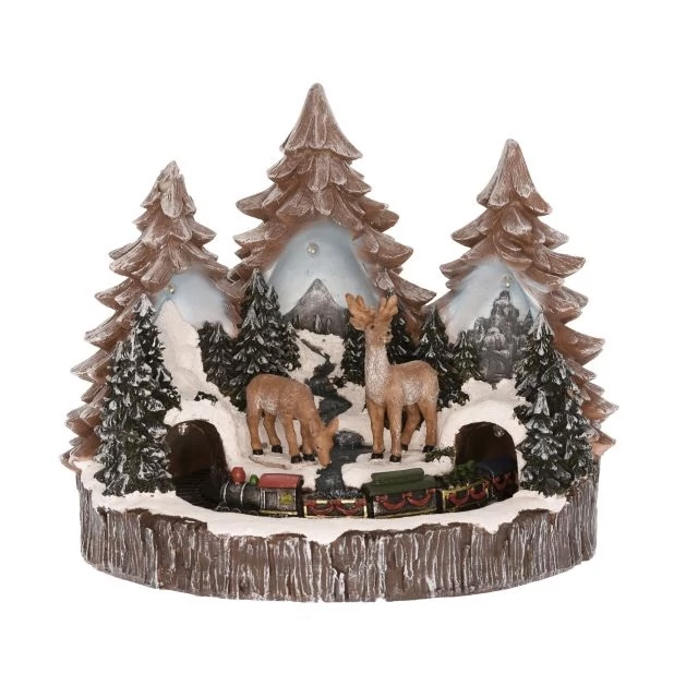 Erdei jelenet szarvassal és kisvonattal, LED-fénnyel, elemes, poly, 26,5x23,5x23 cm, színes