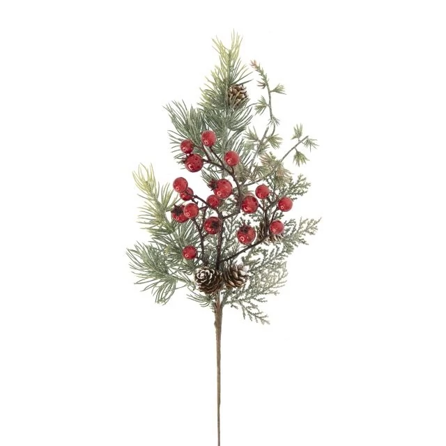 Fenyő ág bogyókkal, tobozzal, betűzős, glitteres, 46 cm, műanyag, zöld, piros