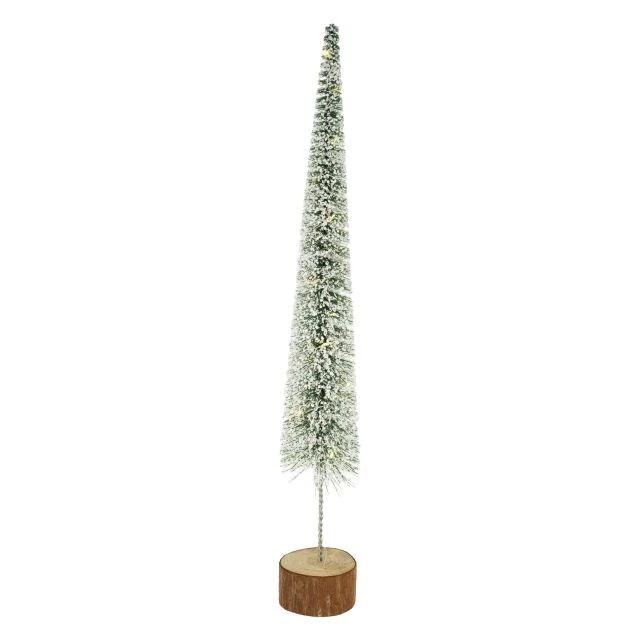 Fenyő fa talpon havas, LED-es műanyag, fa 8,5×70 cm zöld