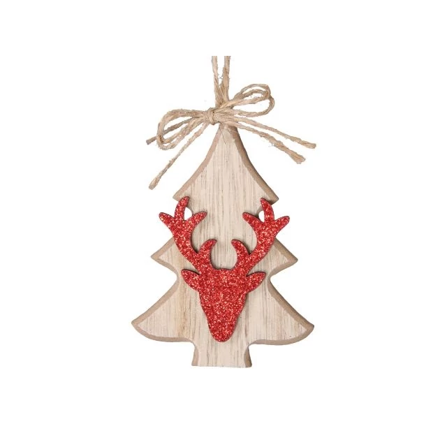 Akasztós fenyő szarvassal, fa, 6,5x8,5 cm, natúr, piros, 6 db