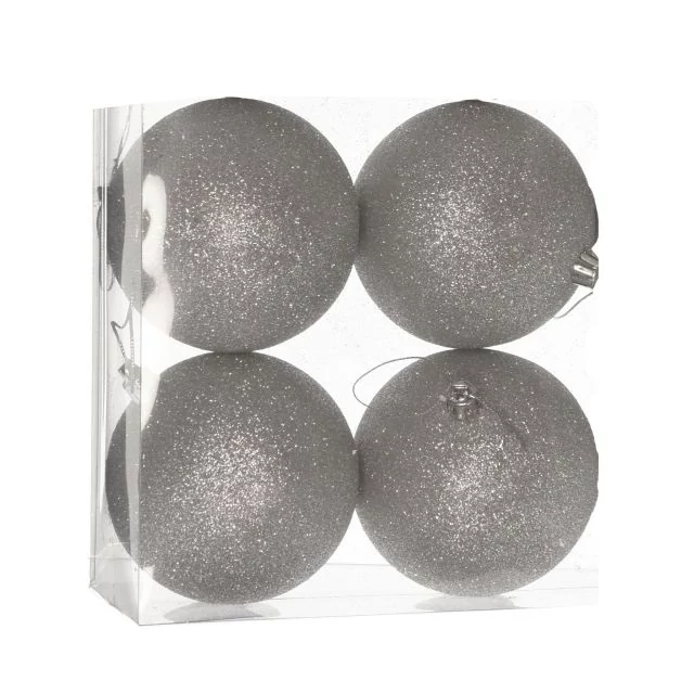 Műanyag gömb dobozban, 10 cm, ezüst, glitteres, 4 db