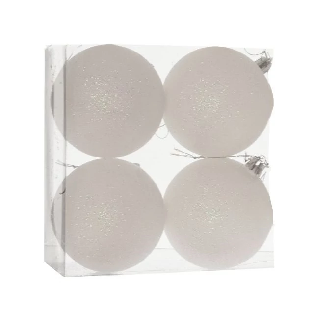 Műanyag gömb dobozban, 10 cm, fehér, glitteres, 4 db