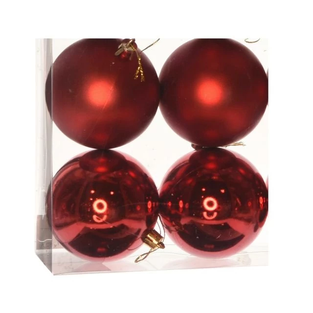 Műanyag gömb dobozban, 10 cm, piros, 3 féle, 4 db