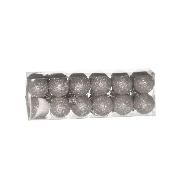 Műanyag gömb dobozban, 3 cm, ezüst, glitteres, 24 db