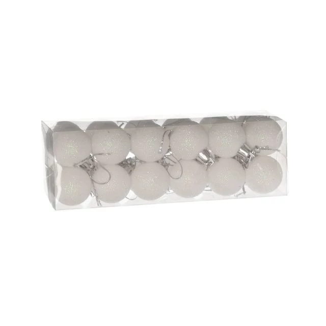 Műanyag gömb dobozban, 3 cm, fehér, glitteres, 24 db