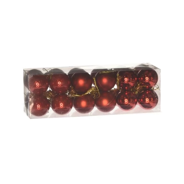 Műanyag gömb dobozban, 3 cm, piros, 3 féle, 24 db
