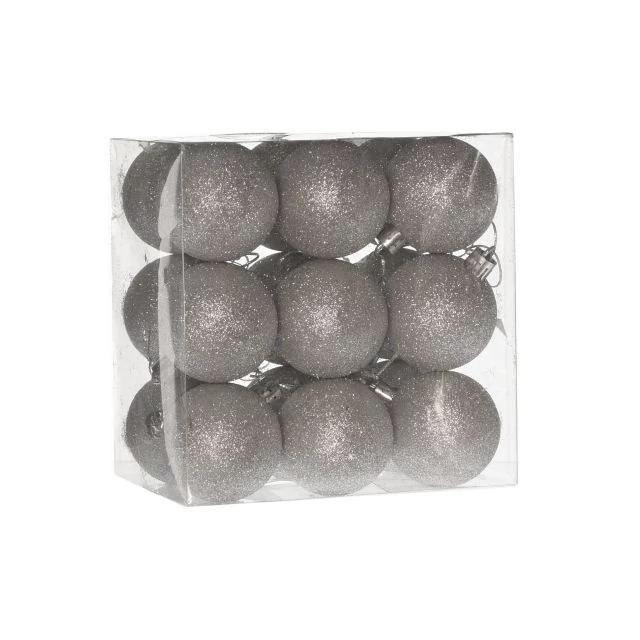 Műanyag gömb, dobozban, 5 cm, ezüst, glitteres, 18 db